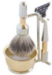 Shaving Brush Set - Two Tone Brass and Chrome - 4 Pieces