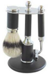 Shaving Brush Set - Pure Bristle - Black and Polished Chrome - 3 Pieces