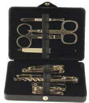 Manicure Set - Black Leather Case - 8 Pieces - Gold Plated