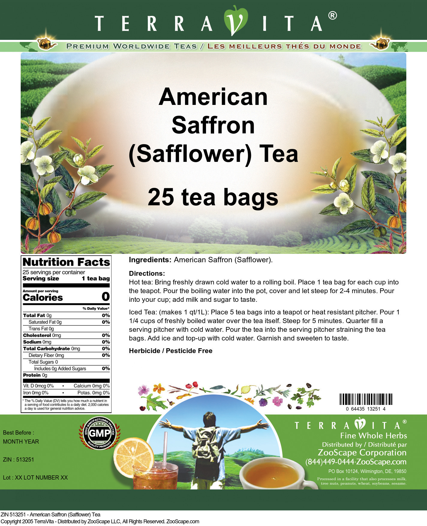 American Saffron (Safflower) Tea 25 tea bags ZIN 513251