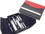 Manicure Set - Black & Red Leather Case - 6 Implements