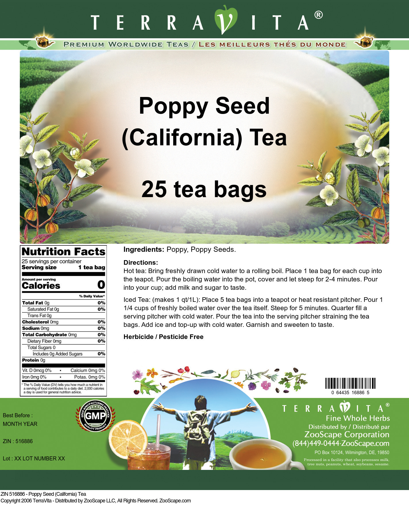 Poppy Seed (California) Tea 25 tea bags ZIN 516886
