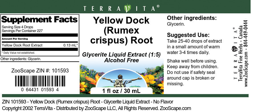 Yellow Dock (Rumex crispus) Root - Glycerite Liquid Extract - Label