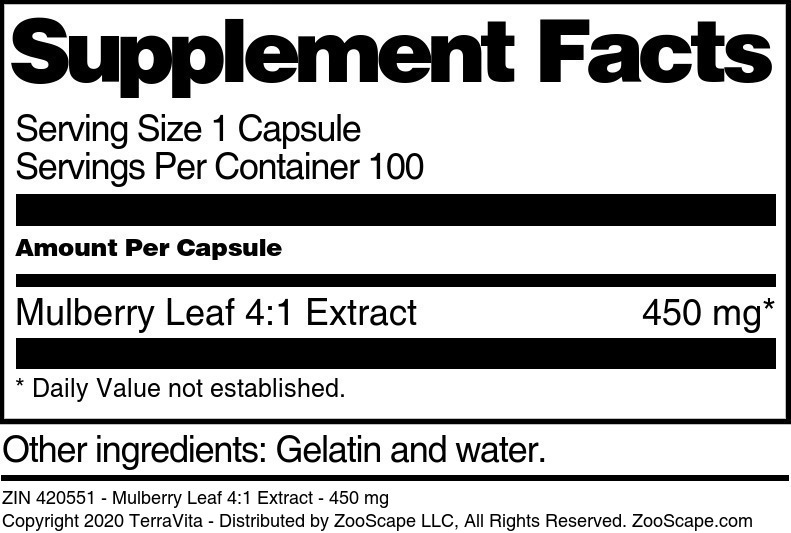 Mulberry Leaf 4:1 Extract - 450 mg - Supplement / Nutrition Facts
