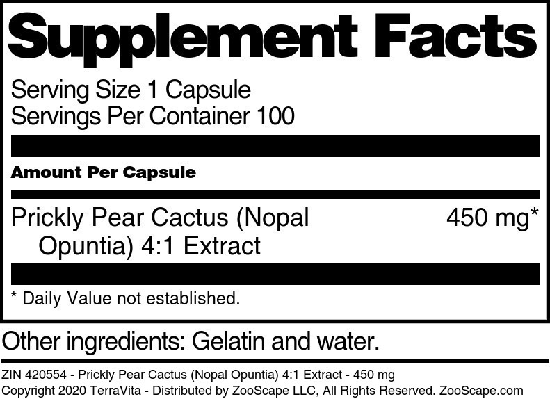 Prickly Pear Cactus (Nopal Opuntia) 4:1 Extract - 450 mg - Supplement / Nutrition Facts