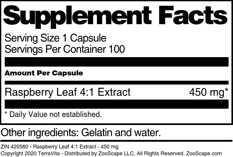 Raspberry Leaf 4:1 Extract - 450 mg - Supplement / Nutrition Facts