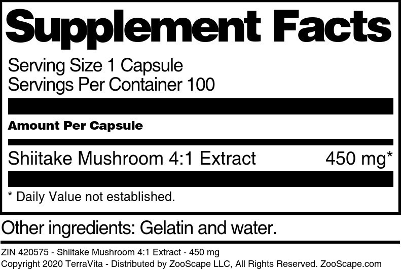 Shiitake Mushroom 4:1 Extract - 450 mg - Supplement / Nutrition Facts