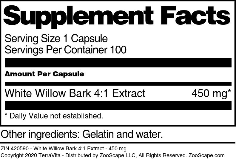White Willow Bark 4:1 Extract - 450 mg - Supplement / Nutrition Facts