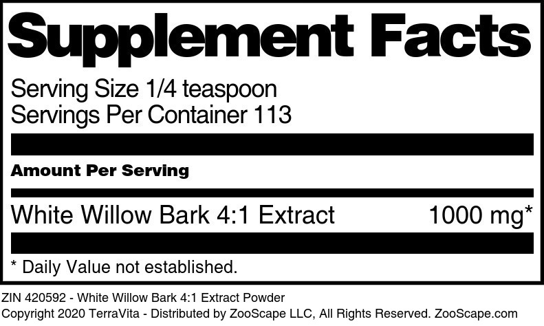 White Willow Bark 4:1 Extract Powder - Supplement / Nutrition Facts