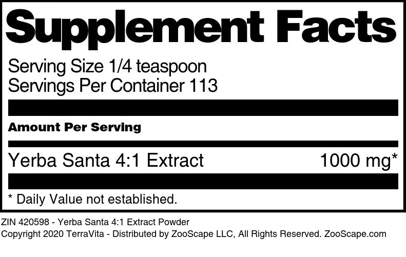 Yerba Santa 4:1 Extract Powder - Supplement / Nutrition Facts