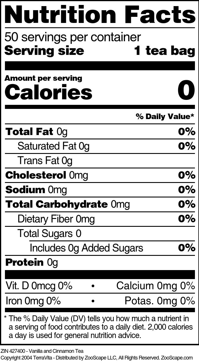 Vanilla and Cinnamon Tea - Supplement / Nutrition Facts