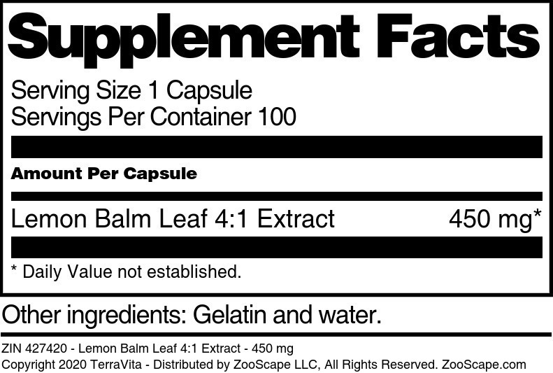 Lemon Balm Leaf 4:1 Extract - 450 mg - Supplement / Nutrition Facts
