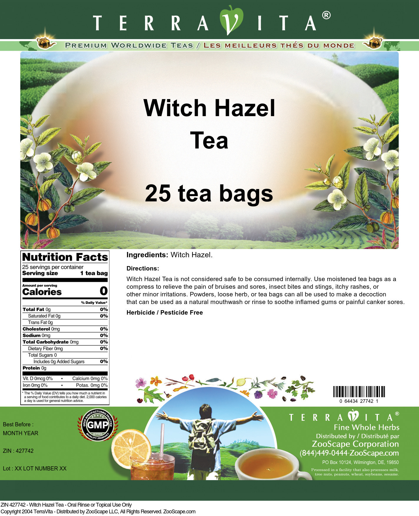 Witch Hazel Tea - Oral Rinse or Topical Use Only - Label