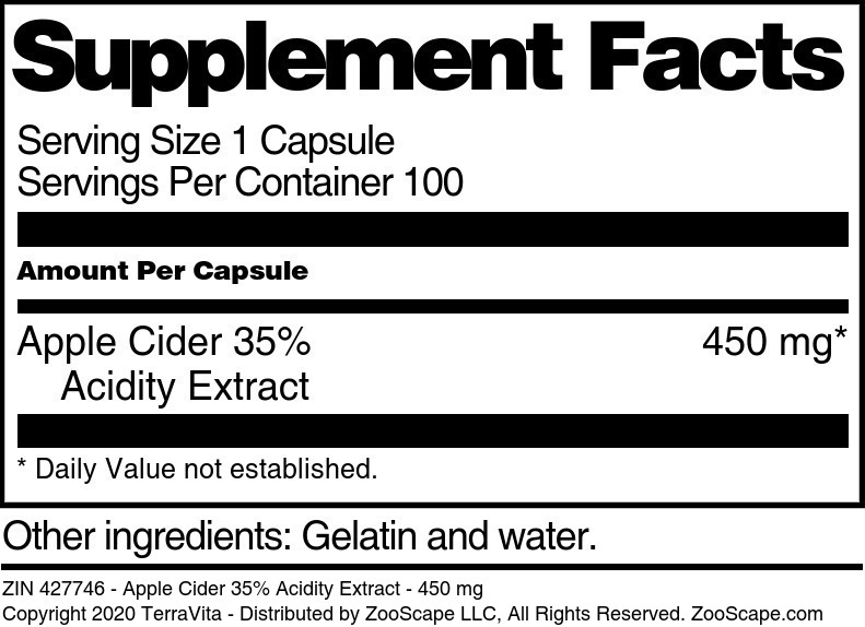 Apple Cider 35% Acidity Extract - 450 mg - Supplement / Nutrition Facts