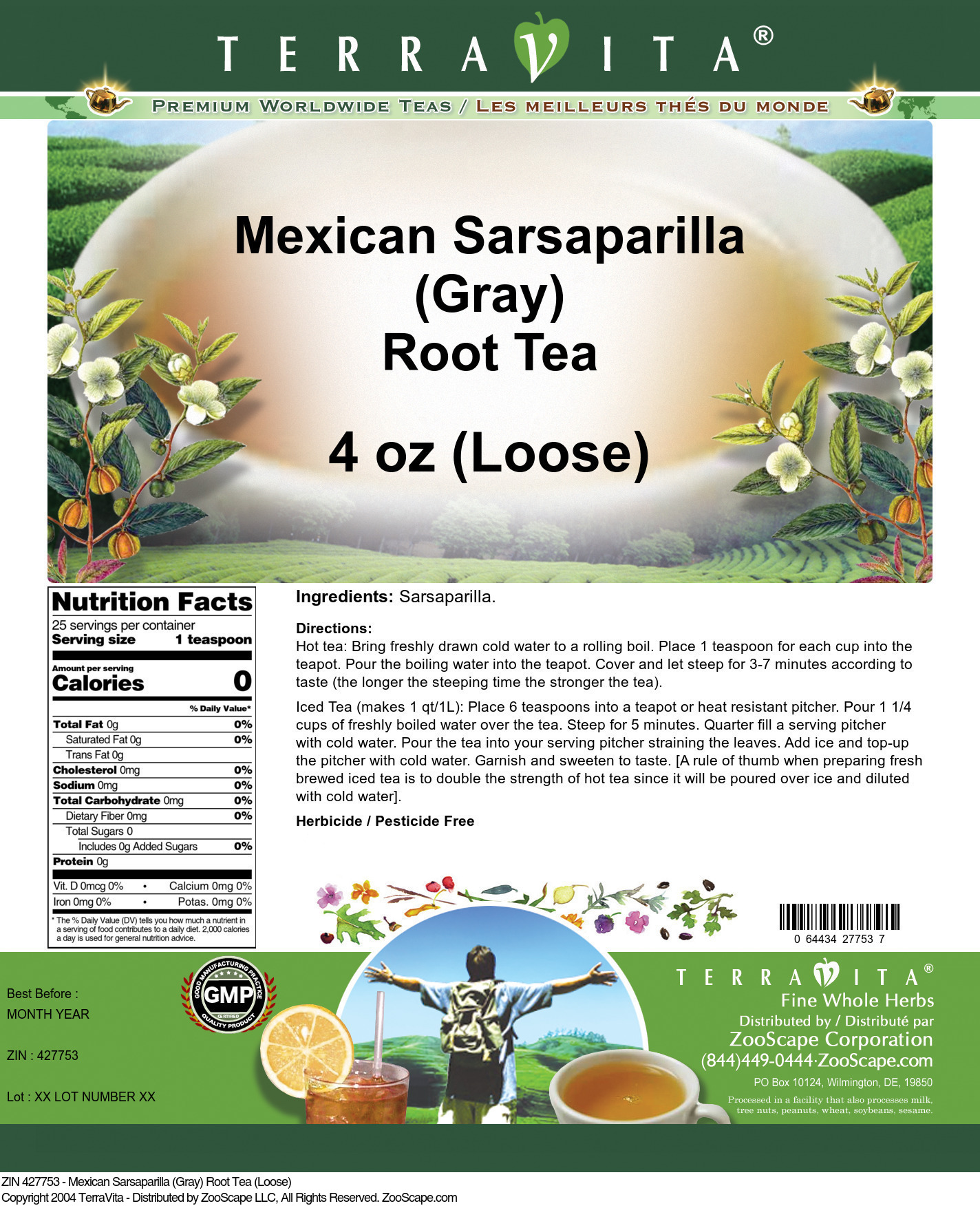 Mexican Sarsaparilla (Gray) Root Tea (Loose) - Label