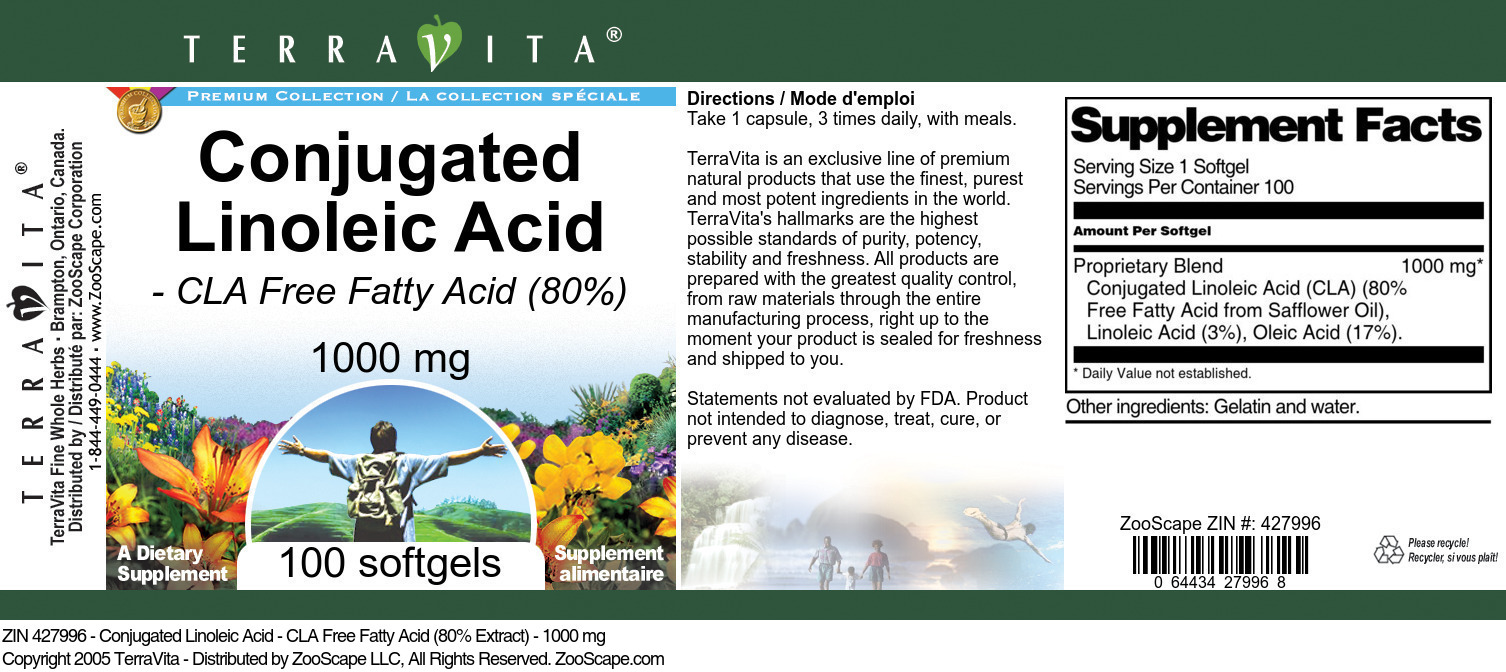 Conjugated Linoleic Acid - CLA Free Fatty Acid (80%) - 1000 mg - Label