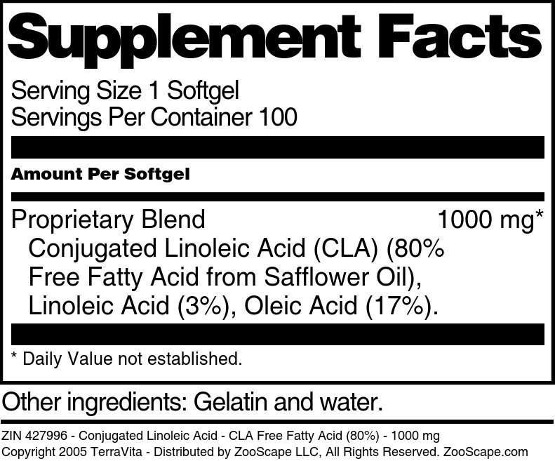 Conjugated Linoleic Acid - CLA Free Fatty Acid (80%) - 1000 mg - Supplement / Nutrition Facts