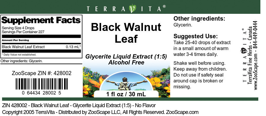 Black Walnut Leaf - Glycerite Liquid Extract (1:5) - Label