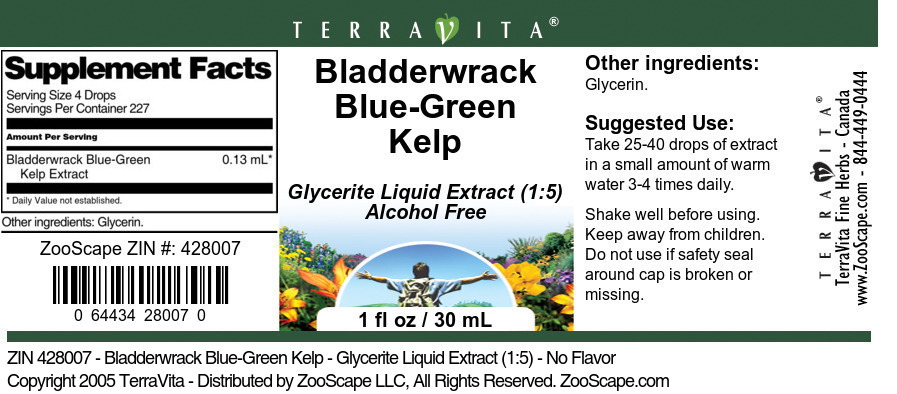Bladderwrack Blue-Green Kelp - Glycerite Liquid Extract (1:5) - Label