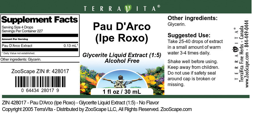 Pau D'Arco (Ipe Roxo) - Glycerite Liquid Extract (1:5) - Label