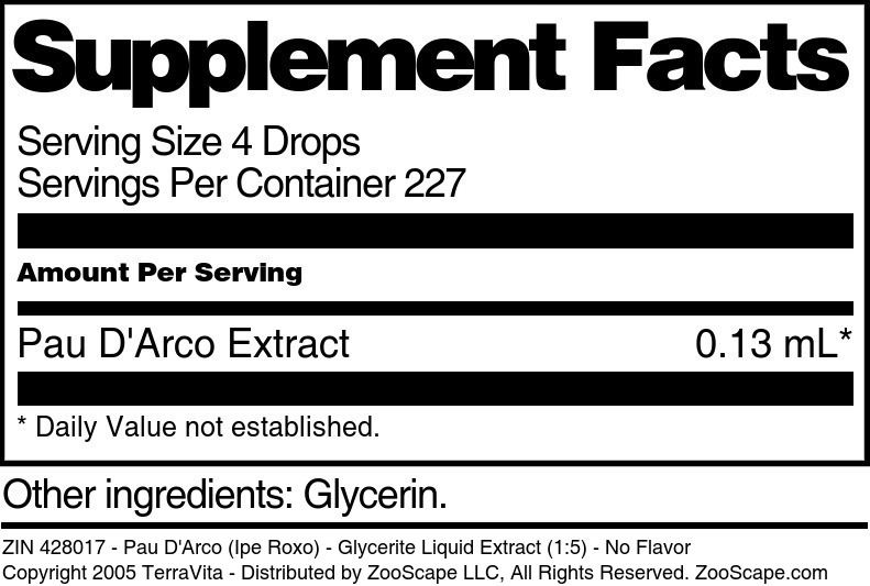 Pau D'Arco (Ipe Roxo) - Glycerite Liquid Extract (1:5) - Supplement / Nutrition Facts