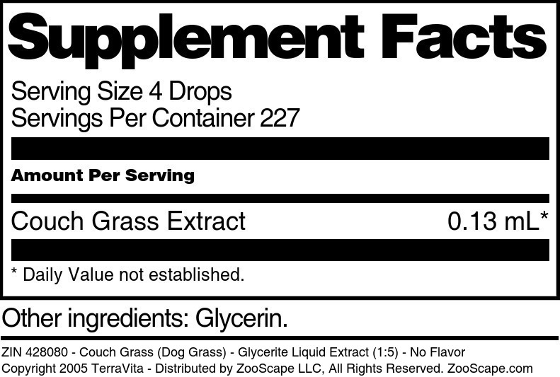 Couch Grass (Dog Grass) - Glycerite Liquid Extract (1:5) - Supplement / Nutrition Facts