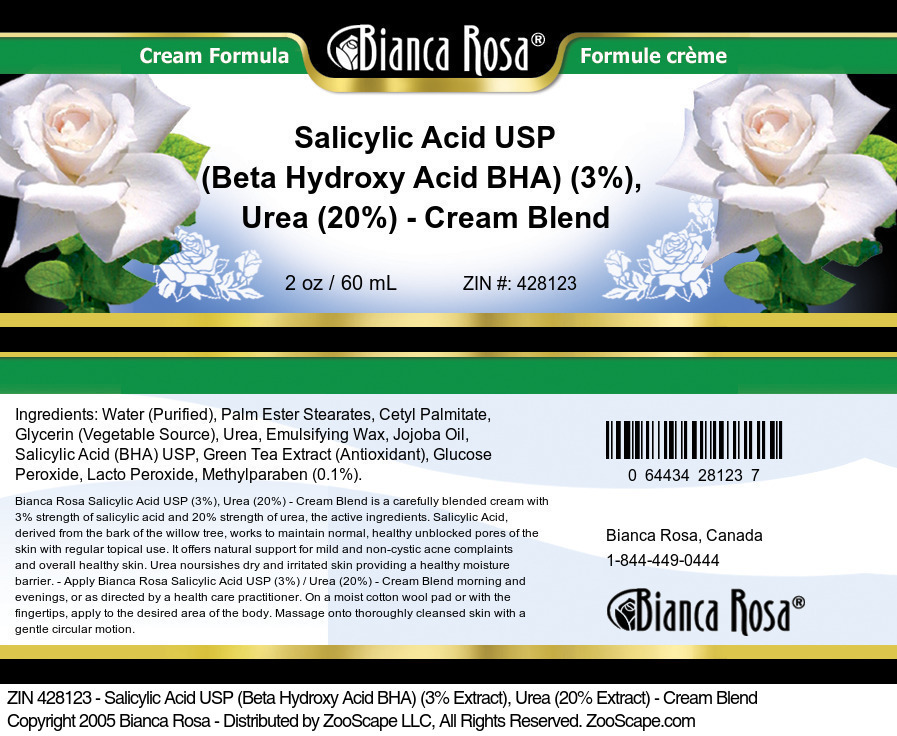 Salicylic Acid USP (Beta Hydroxy Acid BHA) (3%), Urea (20%) - Cream Blend - Label