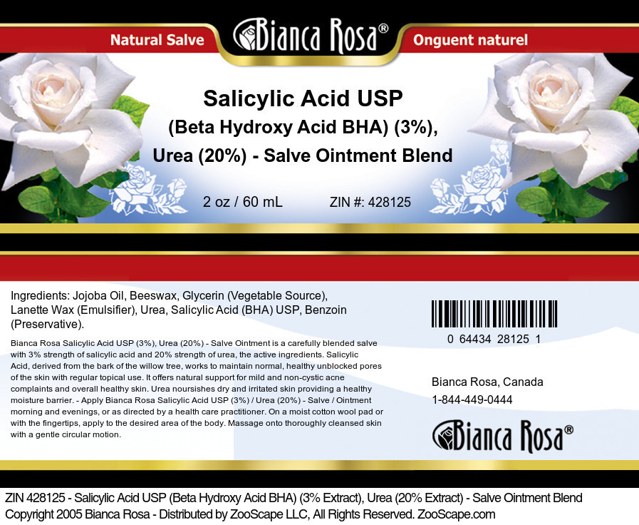 Salicylic Acid USP (Beta Hydroxy Acid BHA) (3%), Urea (20%) - Salve Ointment Blend - Label