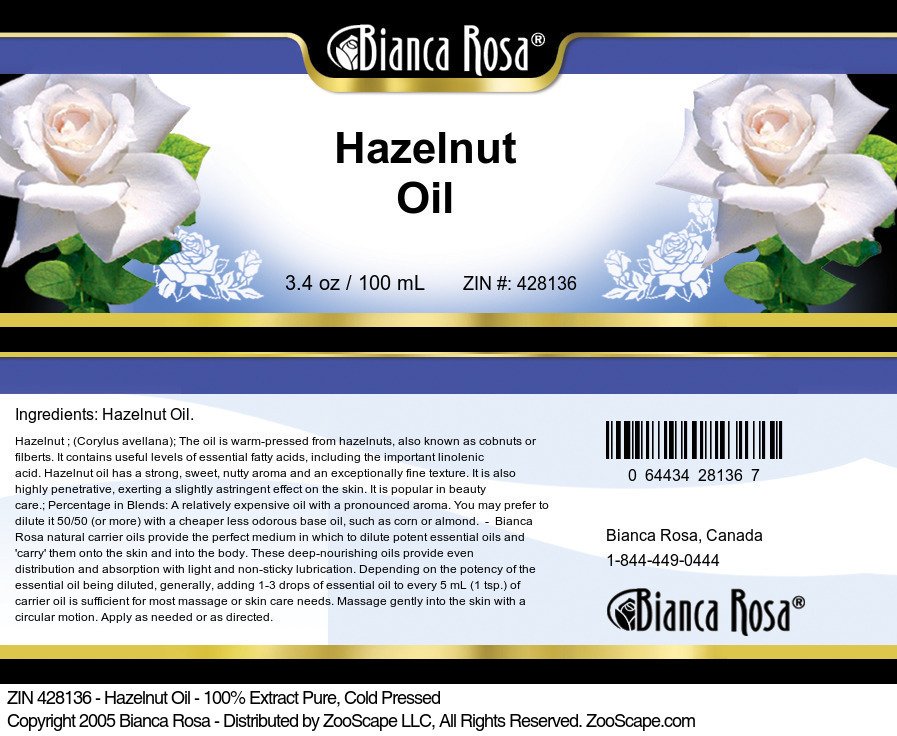 Hazelnut Oil - 100% Pure, Cold Pressed - Label
