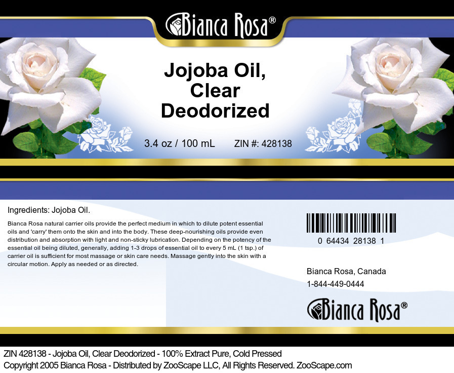 Jojoba Oil, Clear Deodorized - 100% Pure, Cold Pressed - Label