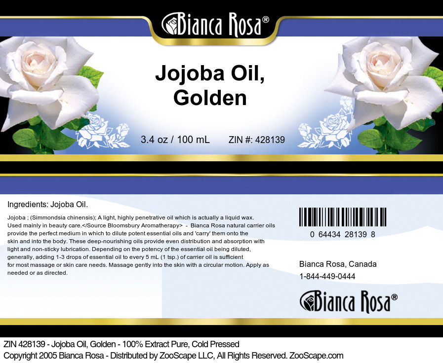 Jojoba Oil, Golden - 100% Pure, Cold Pressed - Label