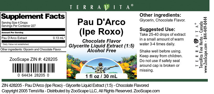 Pau D'Arco (Ipe Roxo) - Glycerite Liquid Extract (1:5) - Label