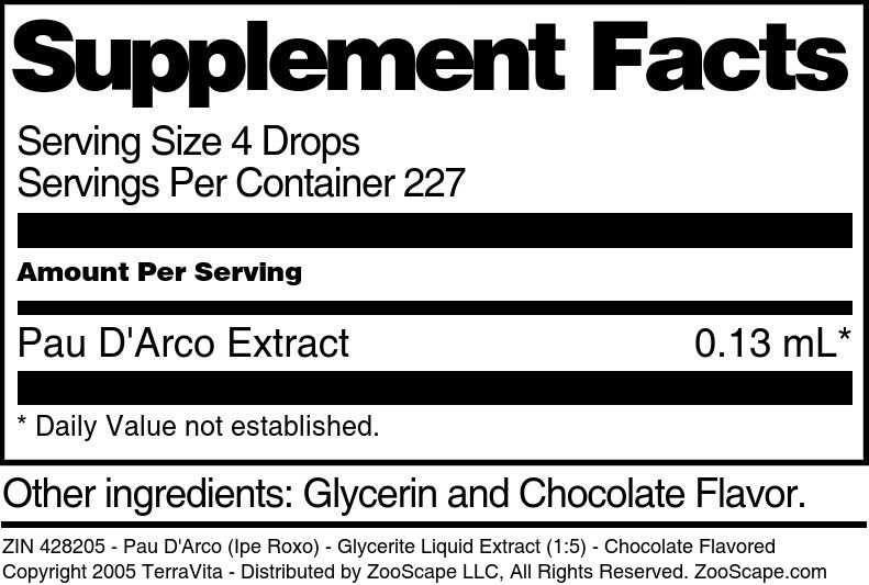 Pau D'Arco (Ipe Roxo) - Glycerite Liquid Extract (1:5) - Supplement / Nutrition Facts