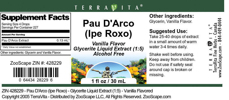 Pau D'Arco (Ipe Roxo) - Glycerite Liquid Extract (1:5) - Label