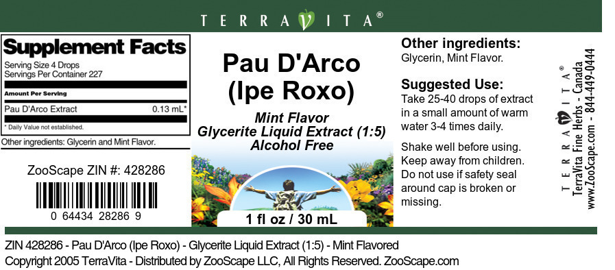 Pau D'Arco (Ipe Roxo) - Glycerite Liquid Extract (1:5) - Label