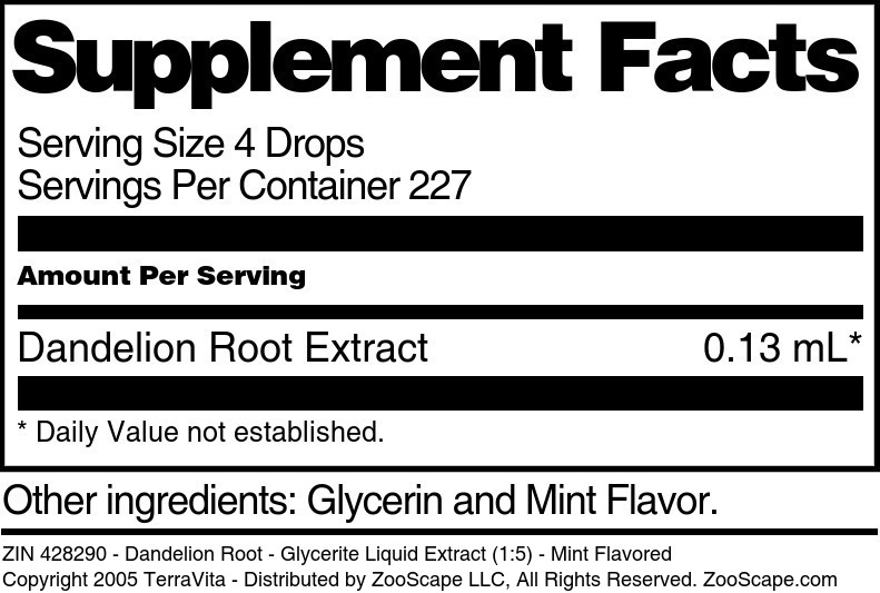 Dandelion Root - Glycerite Liquid Extract (1:5) - Supplement / Nutrition Facts