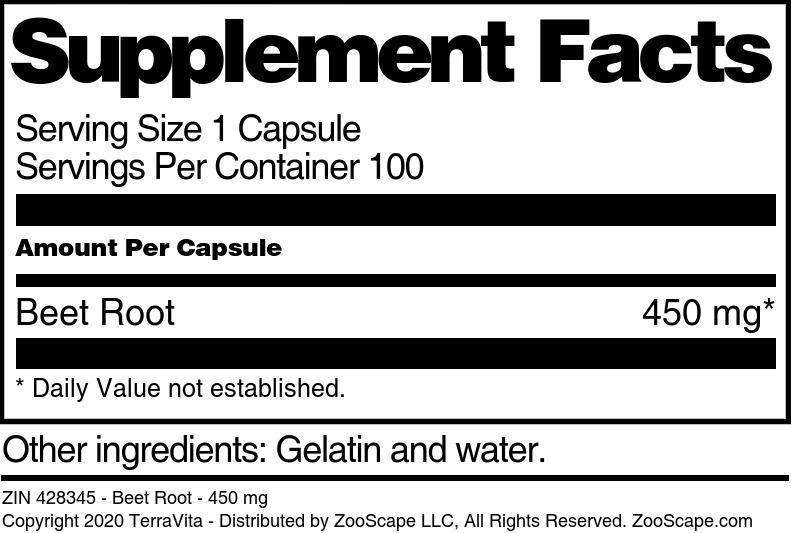Beet Root - 450 mg - Supplement / Nutrition Facts