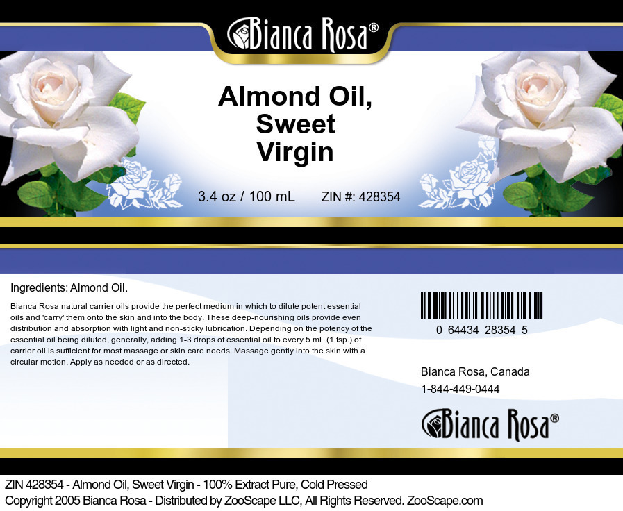 Almond Oil, Sweet Virgin - 100% Pure, Cold Pressed - Label