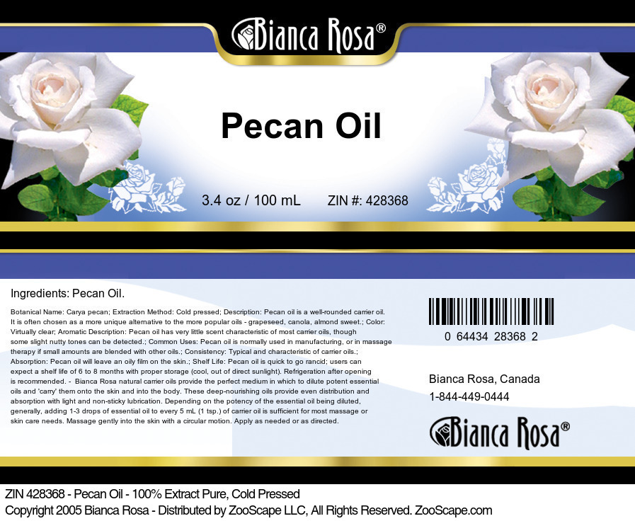 Pecan Oil - 100% Pure, Cold Pressed - Label