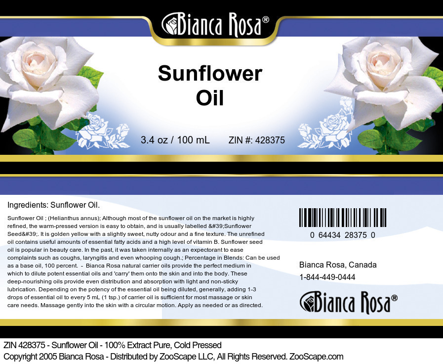 Sunflower Oil - 100% Pure, Cold Pressed - Label
