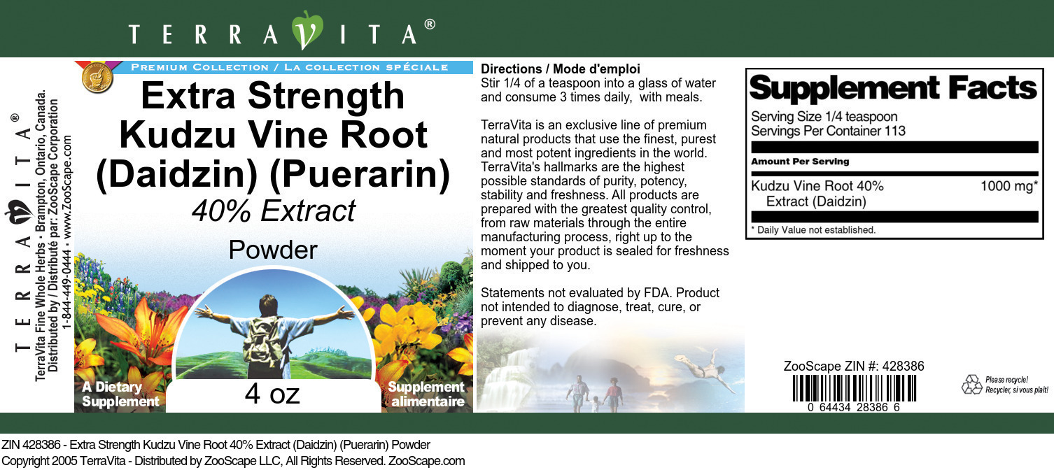 Extra Strength Kudzu Vine Root 40% Extract (Daidzin) (Puerarin) Powder - Label