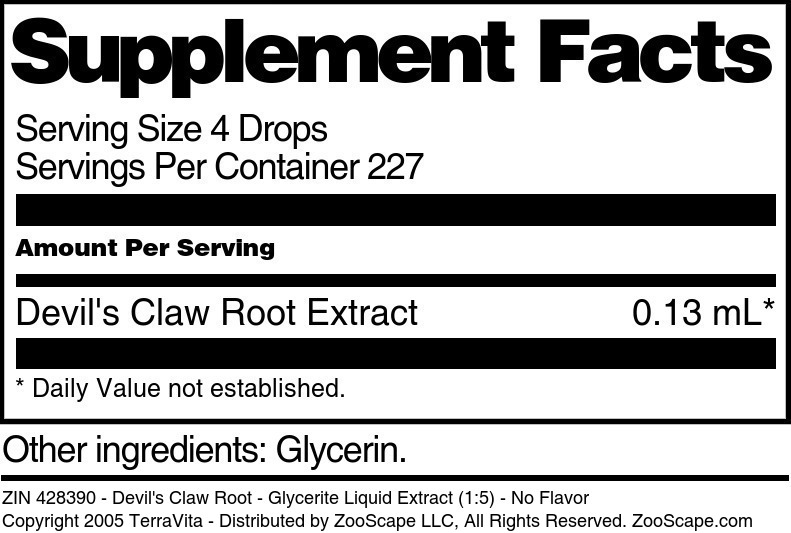 Devil's Claw Root - Glycerite Liquid Extract (1:5) - Supplement / Nutrition Facts