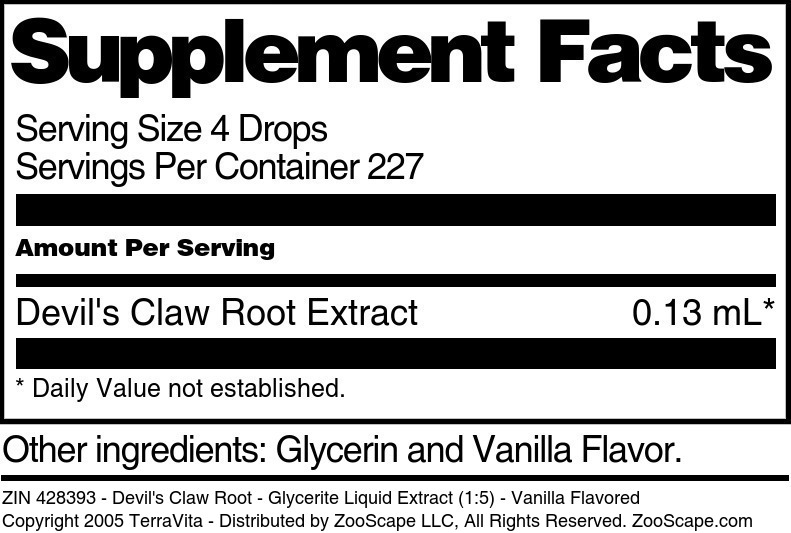 Devil's Claw Root - Glycerite Liquid Extract (1:5) - Supplement / Nutrition Facts