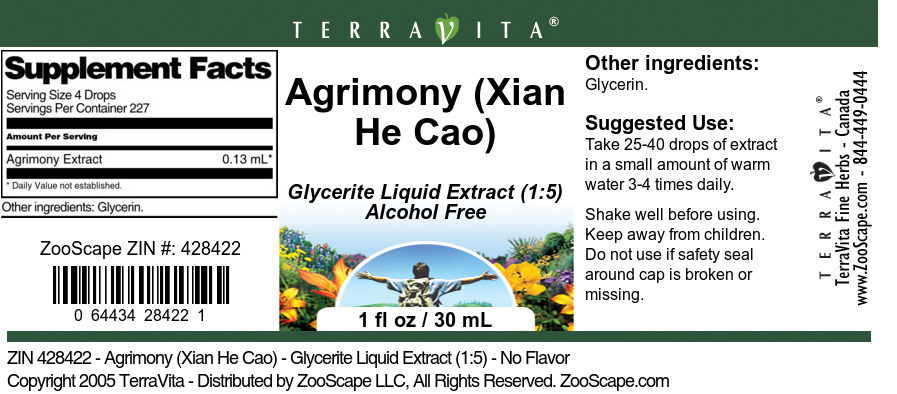Agrimony (Xian He Cao) - Glycerite Liquid Extract (1:5) - Label