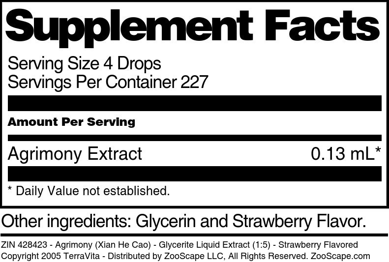Agrimony (Xian He Cao) - Glycerite Liquid Extract (1:5) - Supplement / Nutrition Facts