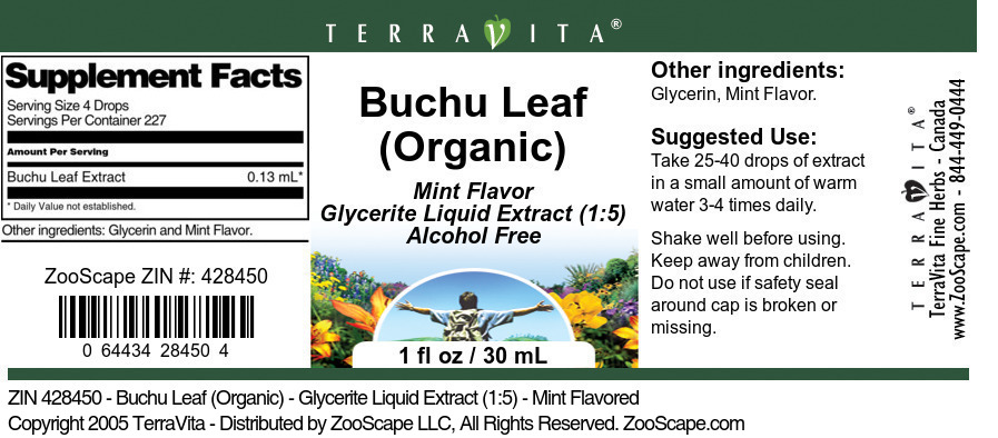 Buchu Leaf (Organic) - Glycerite Liquid Extract (1:5) - Label