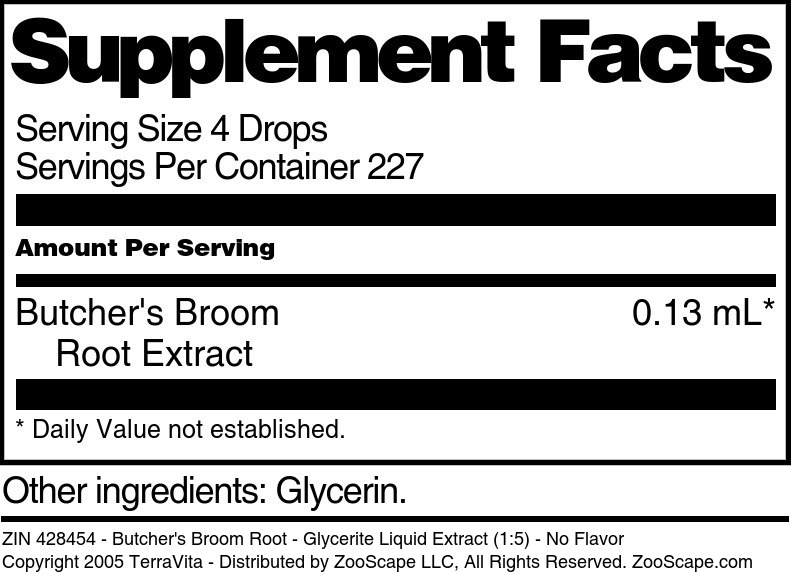 Butcher's Broom Root - Glycerite Liquid Extract (1:5) - Supplement / Nutrition Facts