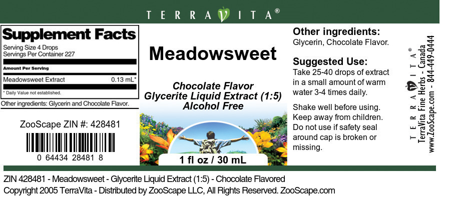 Meadowsweet - Glycerite Liquid Extract (1:5) - Label