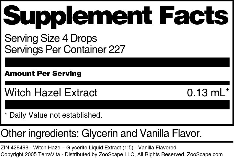 Witch Hazel - Glycerite Liquid Extract (1:5) - Supplement / Nutrition Facts