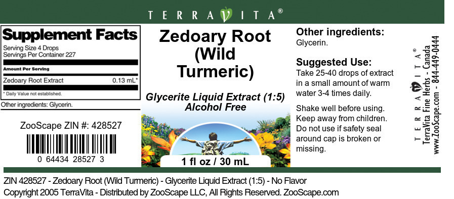 Zedoary Root (Wild Turmeric) - Glycerite Liquid Extract (1:5) - Label